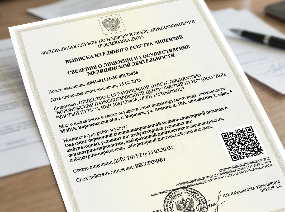Выписка из единого реестра лицензий Росздравнадзора, подтверждающая статус действующей лицензии наркологической клиники в Воронеже, официальный документ с QR-кодом
